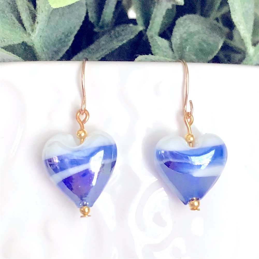 New Blue Swirl Ombre Glass Heart Dangle Drop Handmade Earrings Ocean Water Waves